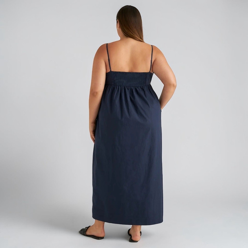 Quince Organic Cotton Navy Sleeveless Maxi Dress Smocked Back Sz L NWT - Picture 11 of 11